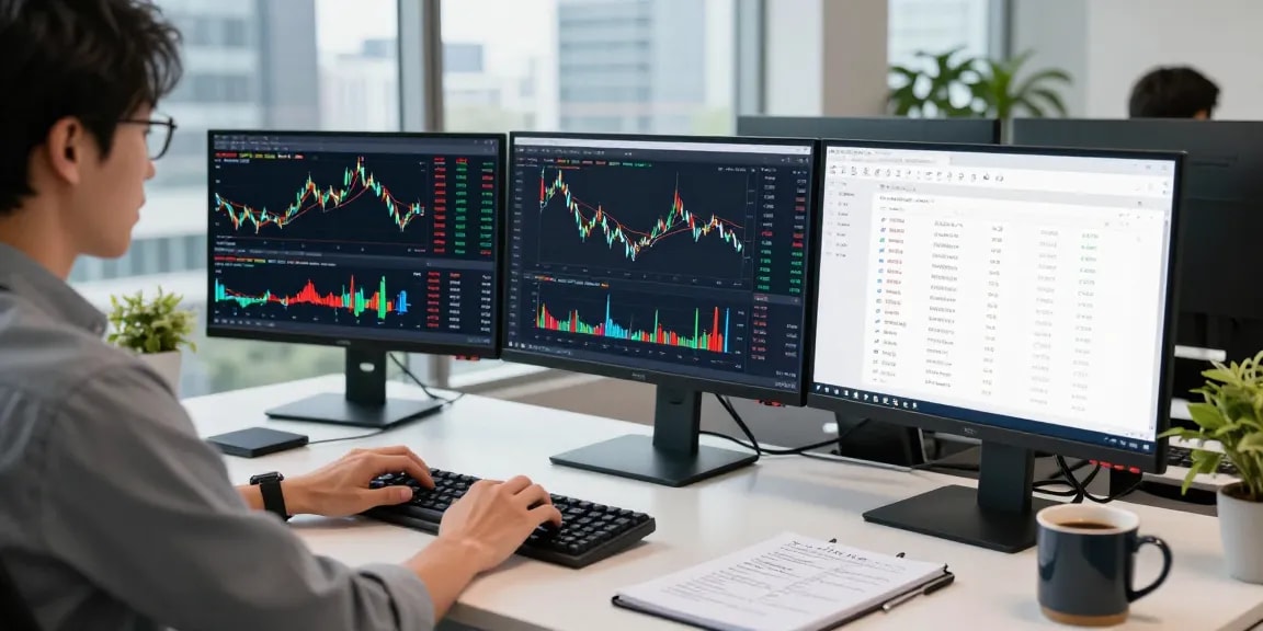 Engaging workspace for Japan stock backtesting API development featuring real-time market data on multiple screens.