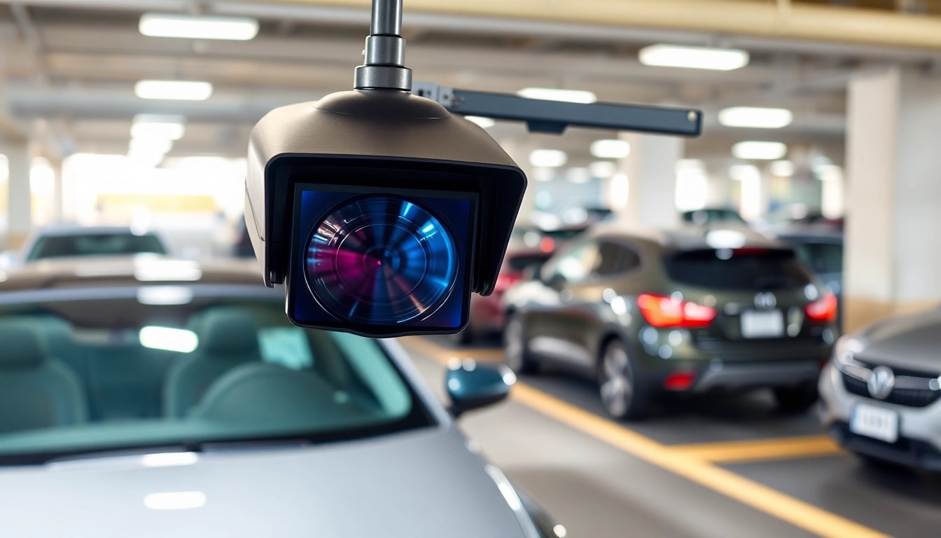 Capture of a license plate recognition camera monitoring vehicles in a parking lot.