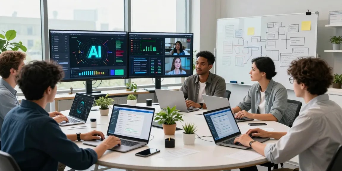 AI detector workspace with team analyzing content moderation tools and data analytics.