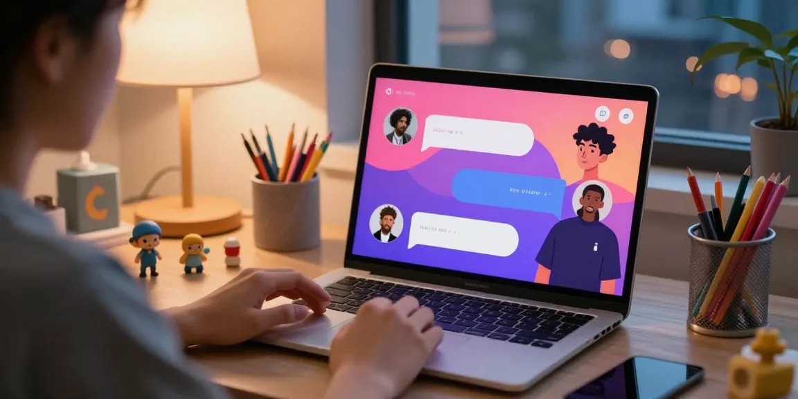 Engaging with AI chat NSFW chatbot, vibrant character profiles on laptop in cozy workspace.