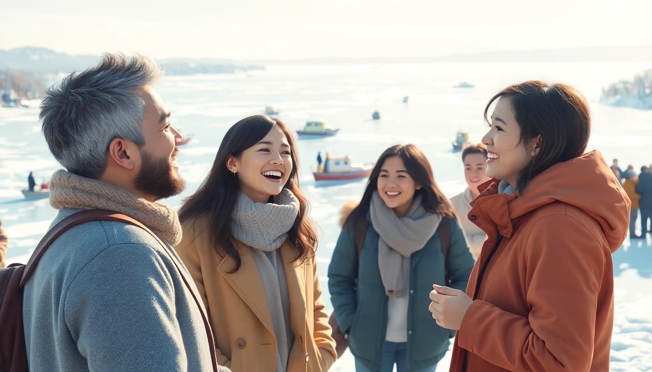 Illustration of individuals breaking the ice origin in a social setting, symbolizing warmth and connection.