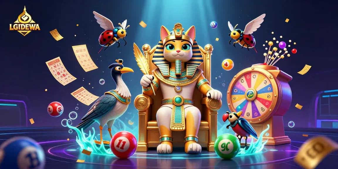 Experience the thrill of LGODEWA with a dynamic, vibrant illustration featuring an Egyptian pharaoh cat and colorful lottery elements.