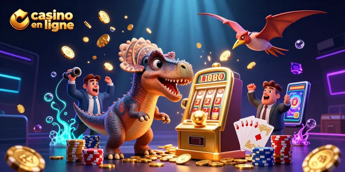 Casino en ligne : Un pachycephalosaurus et un ankylosaurus s'affrontent au casino, tandis qu'un ptéranodon attrape des pièces.