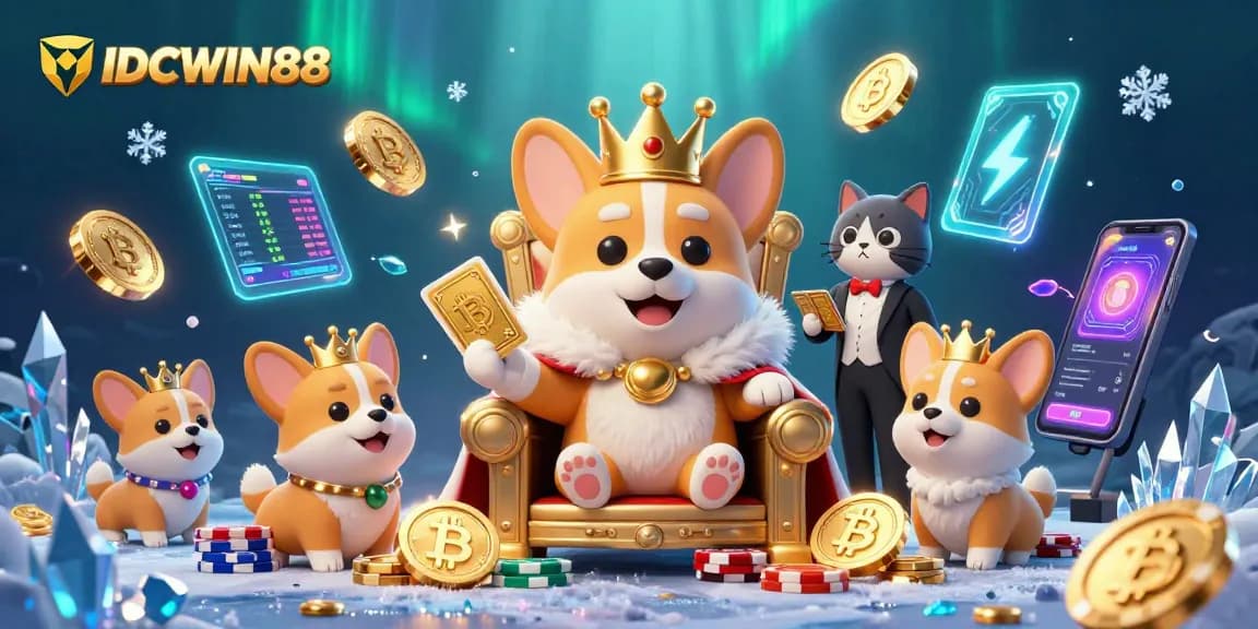Join the fun at IDCWIN88 with the royal corgi and friends in a vibrant gambling spectacle.