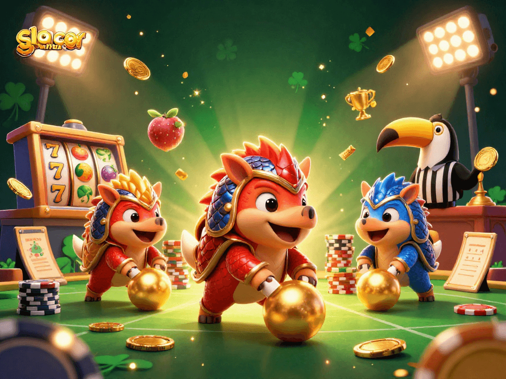 Experience thrilling slot gacor thailand action as rival pangolins battle in a vibrant casino scene.