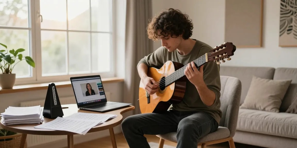 Focused musician engaging in online classical guitar lessons in a serene home studio.