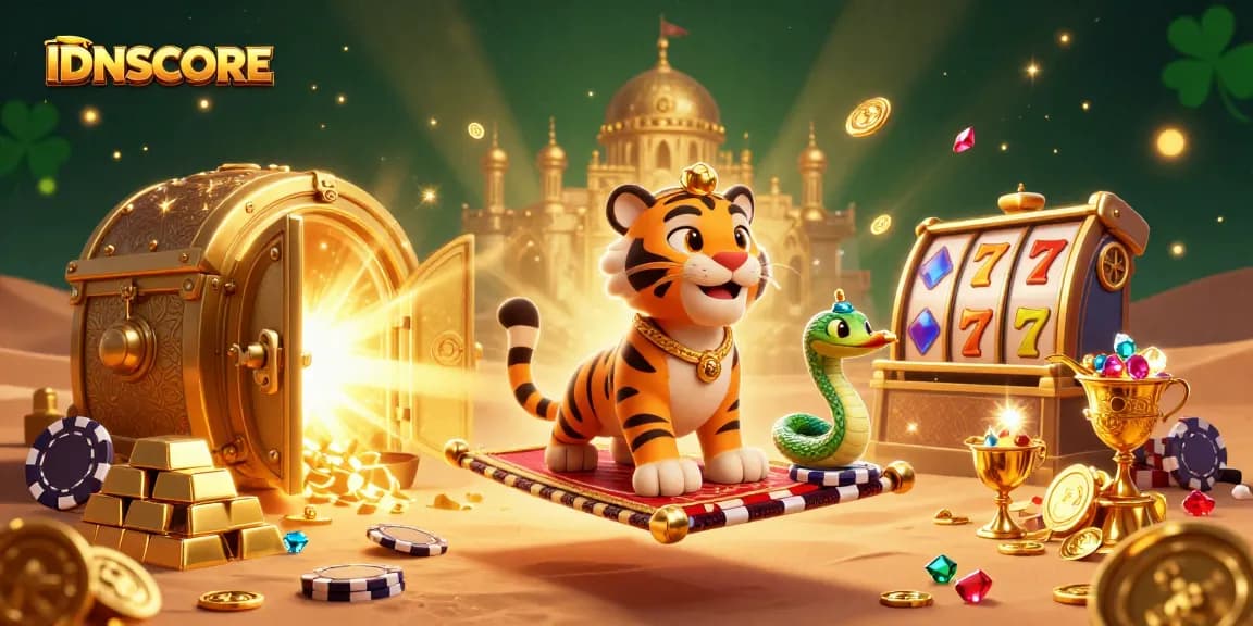IDNSCORE showcases an exciting 3D animated casino scene with a tiger sultan and treasures.