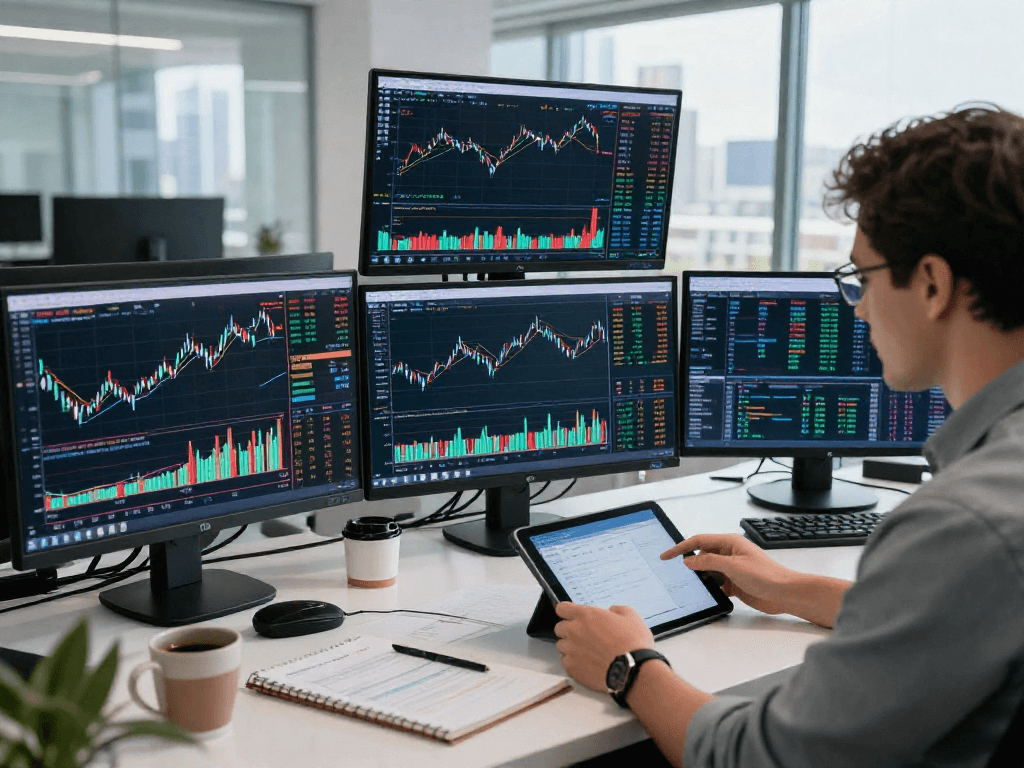 使用 tradingview 进行股票和外汇分析的交易员在现代办公室内专注工作