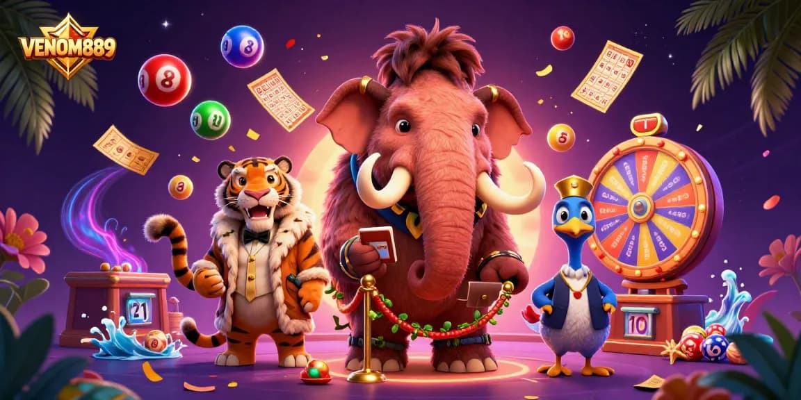 Experience the thrilling action of VENOM889 with dynamic lottery elements and playful characters in a vibrant casino scene.