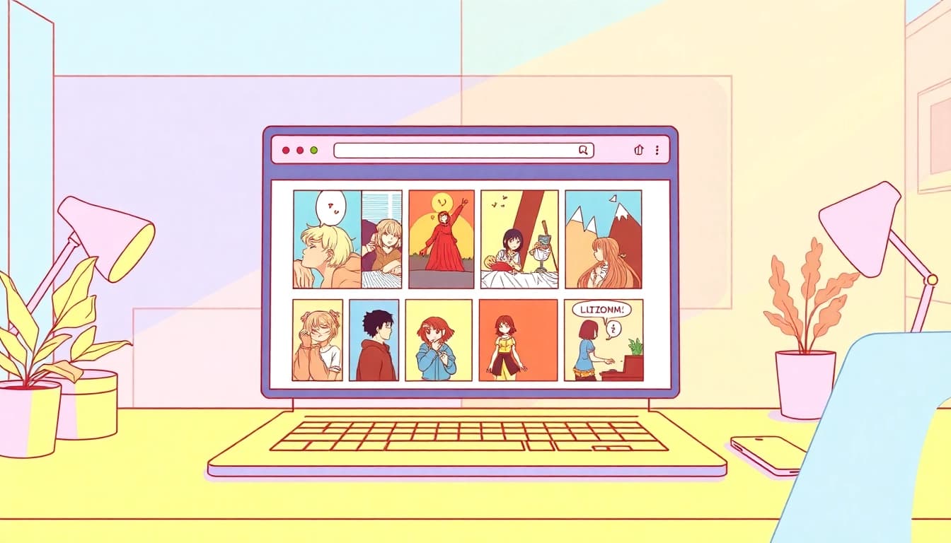 뉴토끼 웹툰의 다양한 장르를 보여주는 일러스트 이미지입니다.