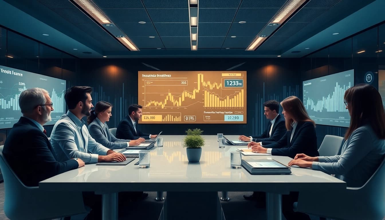 Modern financial office with professionals discussing insurance plans, emphasizing trust and innovation, related to 79king hn.