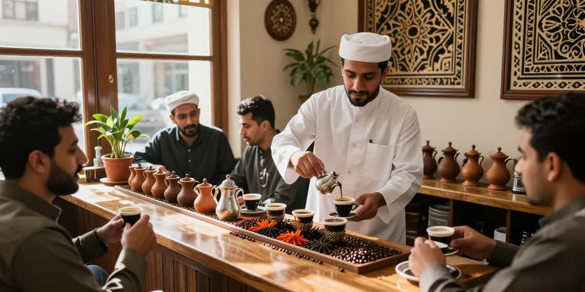 قهوجي يقدم القهوة العربية في مقهى تقليدي مزدحم مع أجواء دافئة.