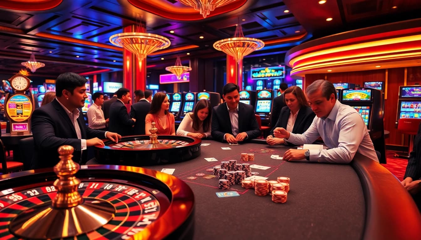 Cảnh casino Bet VIP đầy phấn khích, với nhiều người chơi đa dạng quanh bàn roulette và những máy xèng sống động.