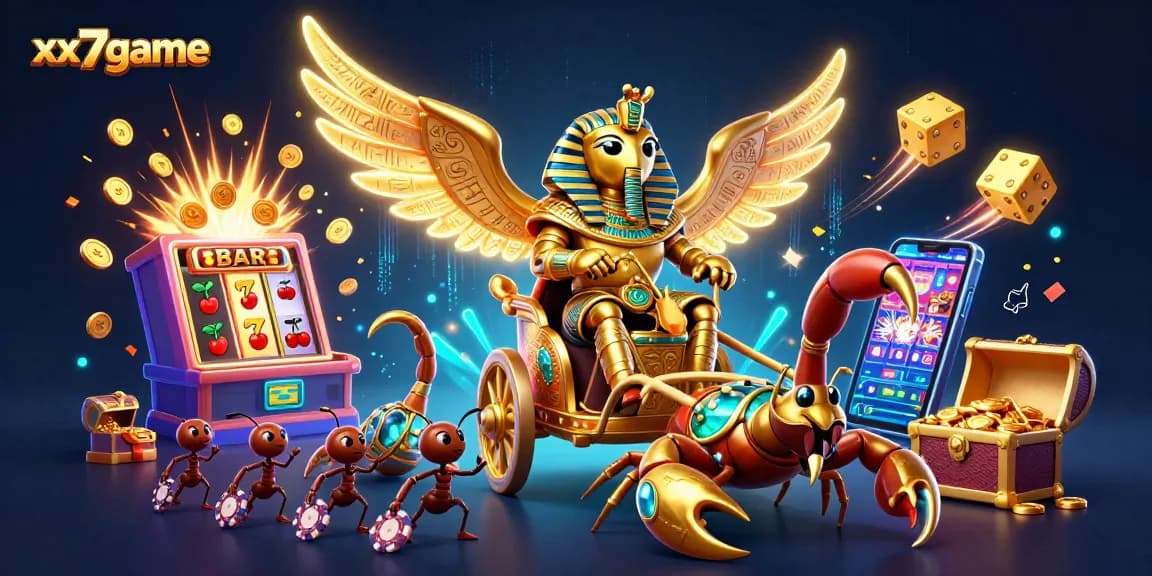Experience thrilling wins with xx7game featuring a scarab beetle, vibrant slot machines, and exciting casino elements.