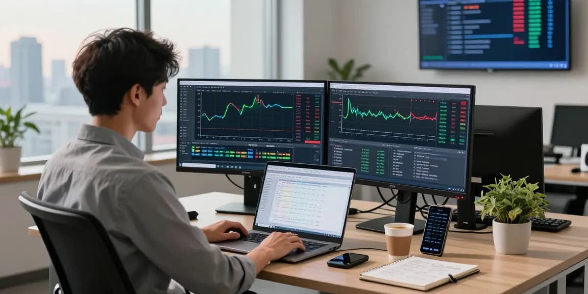 Trader utilizing MetaTrader 5 platform in a modern office setting with multiple screens.