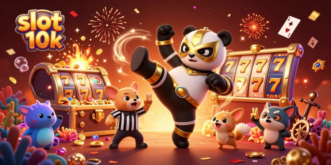Experience the thrill of slot 10k with cartoon panda wrestlers amid vibrant celebration elements.