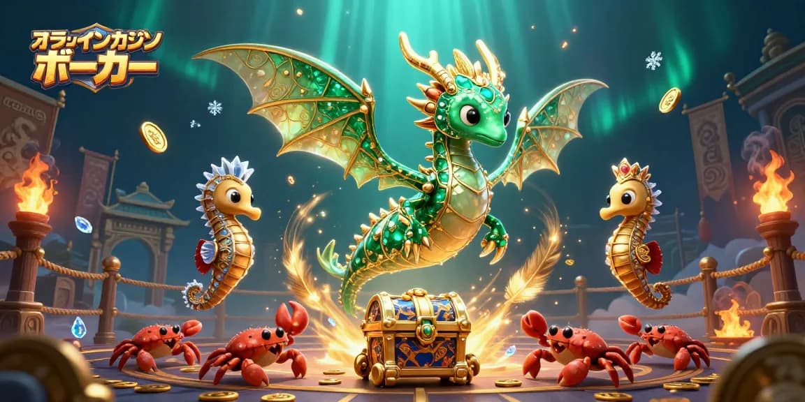 オンラインカジノ ポーカーでの勝利を目指す、海のドラゴンが宝箱を運ぶ魅力的なシーン。