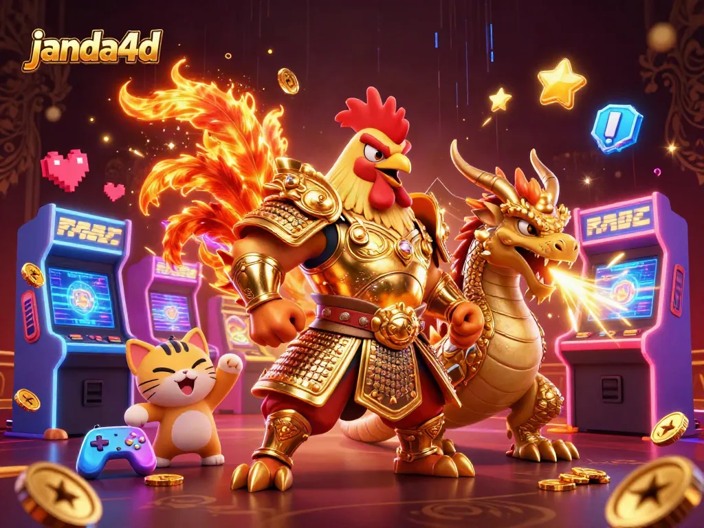 JANDA4D meningkatkan keseruan pemain dengan ilustrasi digital 3D yang menampilkan ayam jantan dan naga beraksi.