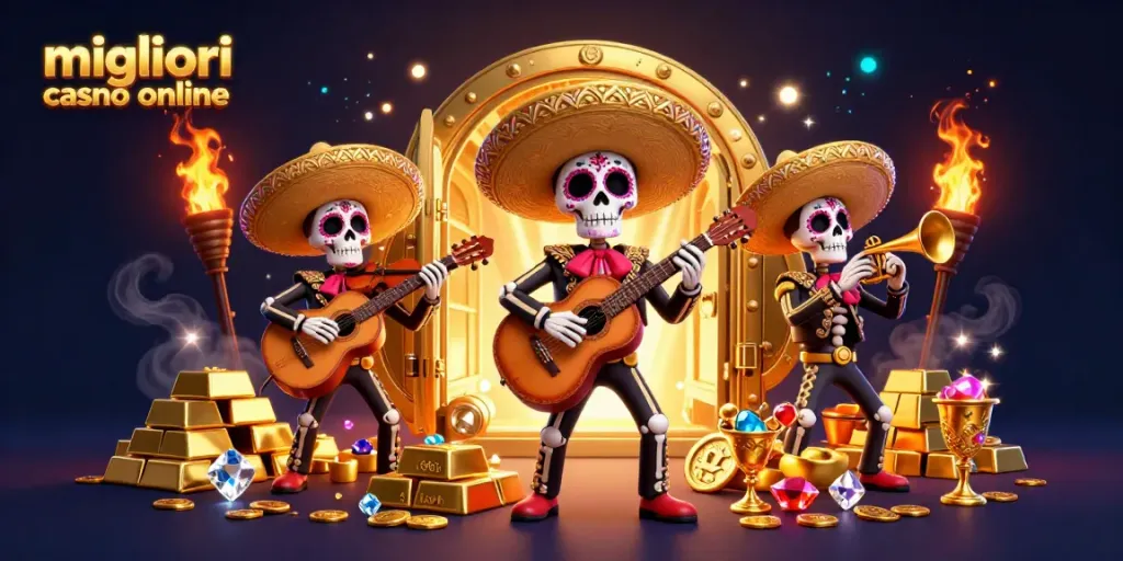 I migliori casino online presentano un'illustrazione festiva con un gruppo di scheletri mariachi in un'ambientazione colorata.