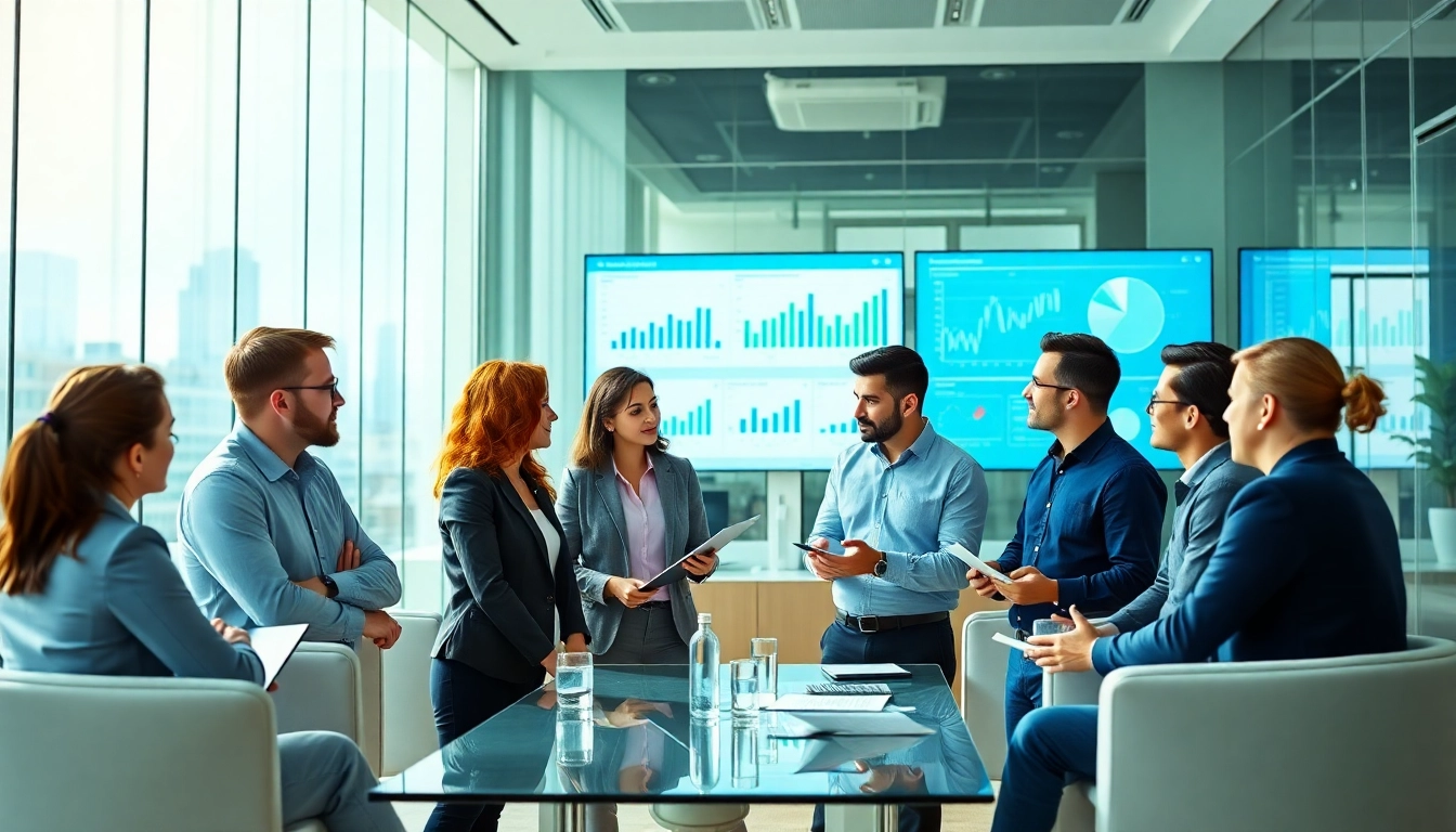 Analyze b2b competitive intelligence data with professional analysts in a modern office.