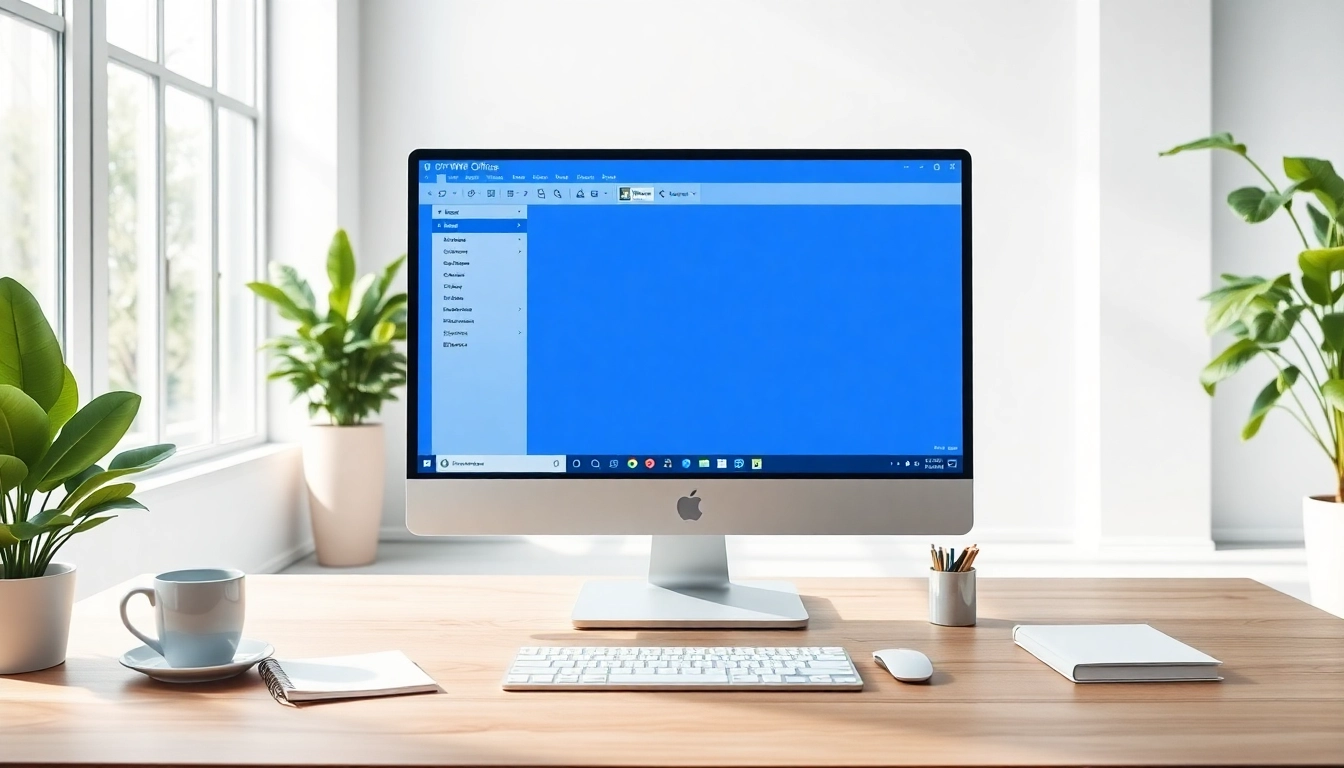现代办公室中，光滑桌面上展示着 WPS Office 的专业工作区。