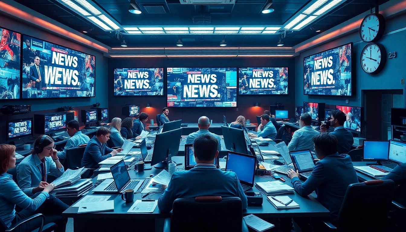 Journalists reporting on breaking news in a bustling newsroom environment.