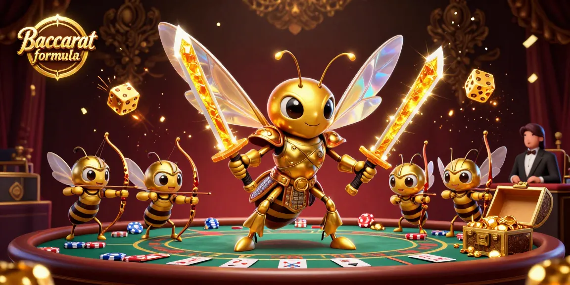Baccarat formula illustrated with a samurai hornet and bee archers around a dynamic baccarat table.