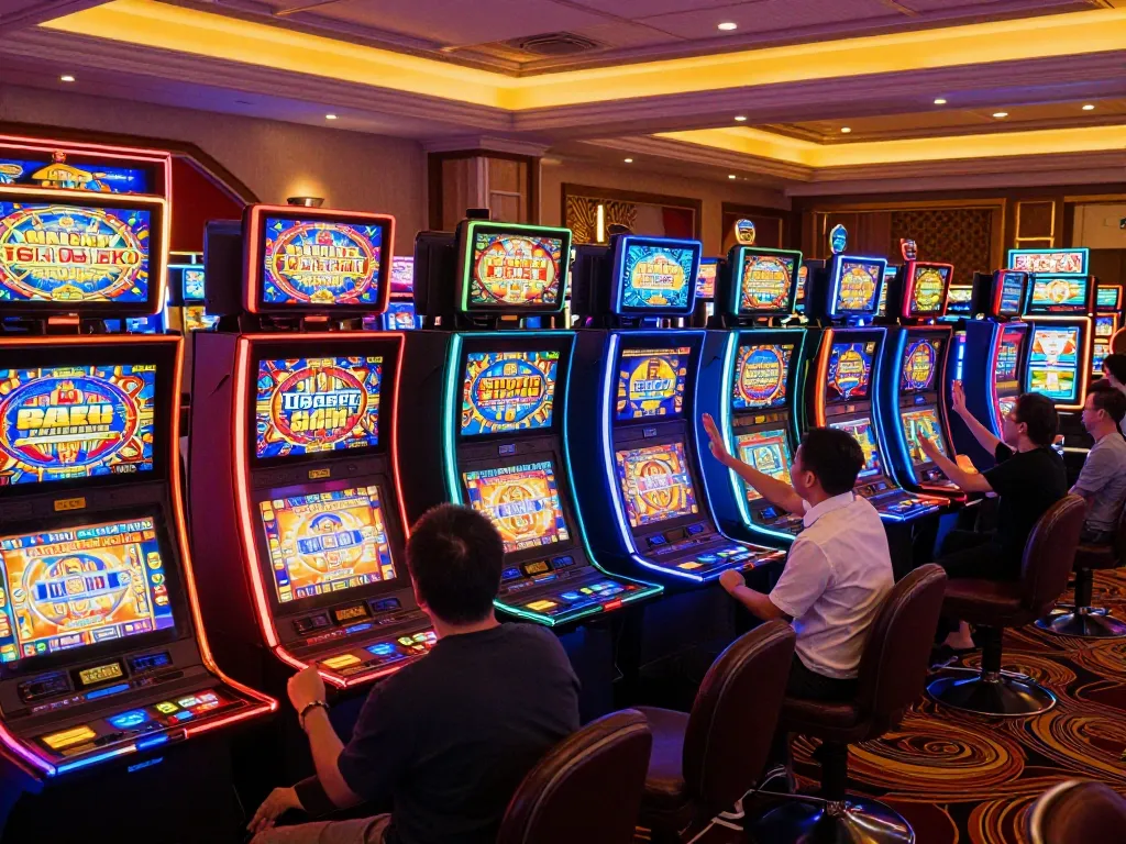 Exciting players engaged in slot bet 100 action on vibrant casino floor with colorful machines