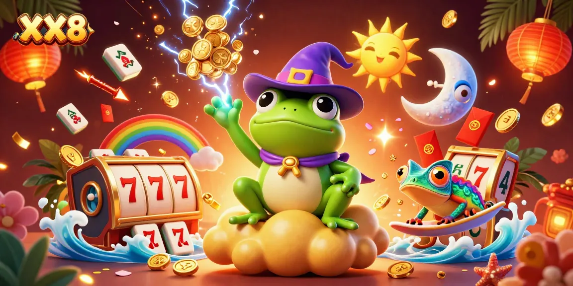 Experience low-stakes fortune with XX8 as a chameleon surfs a cloud of coins in this casino-themed illustration.