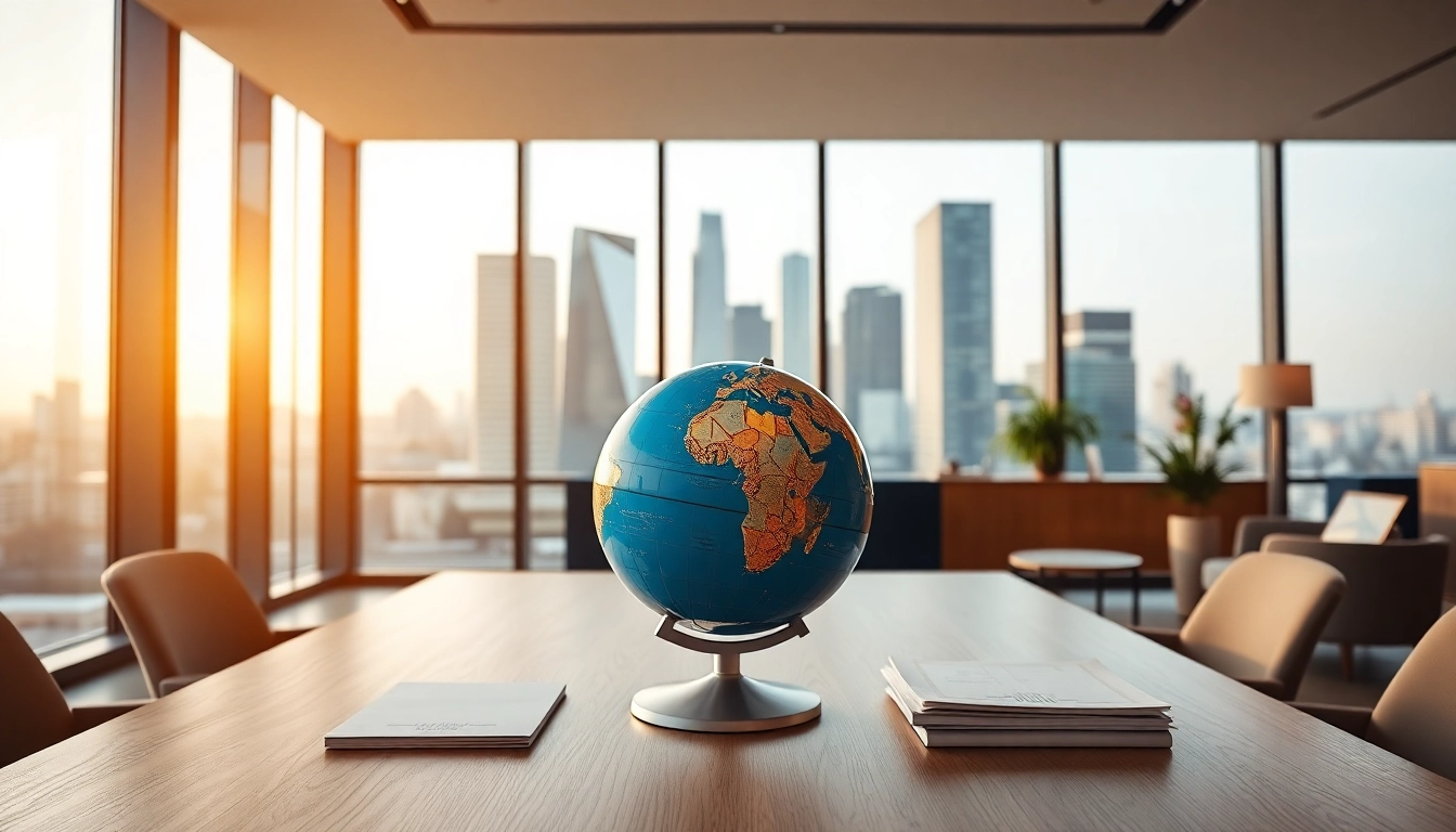 Luxembourg holding setup showcased in a modern office environment with a city skyline backdrop.
