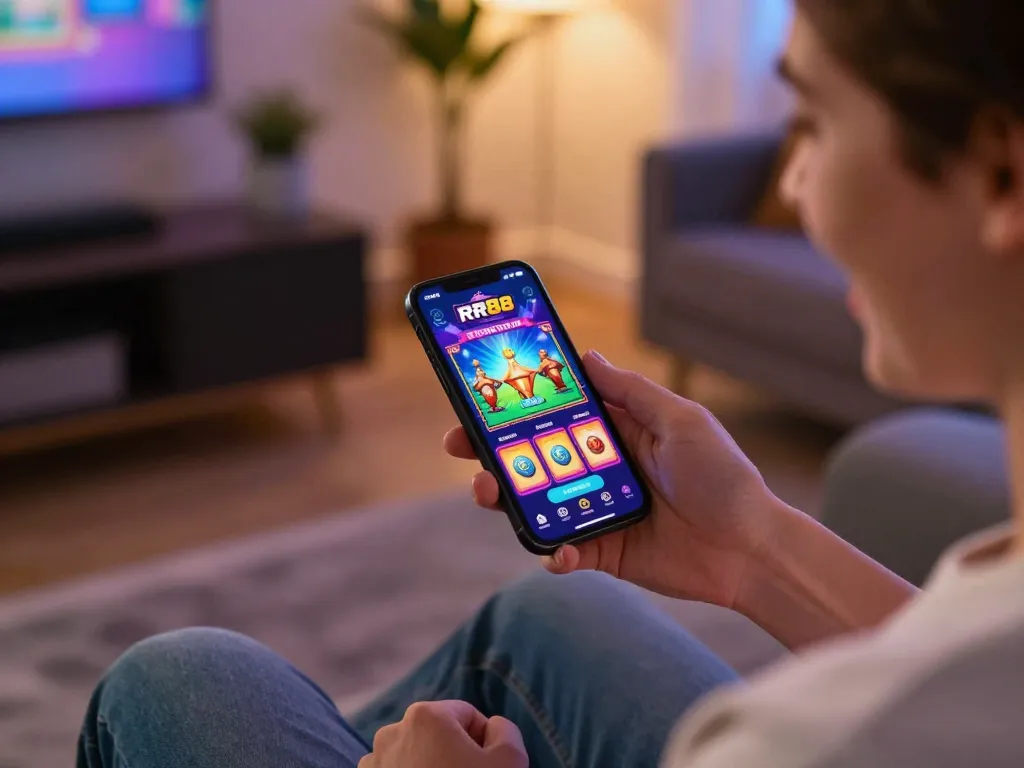Engaging with the RR88 App while playing mobile casino games in a cozy home setting.