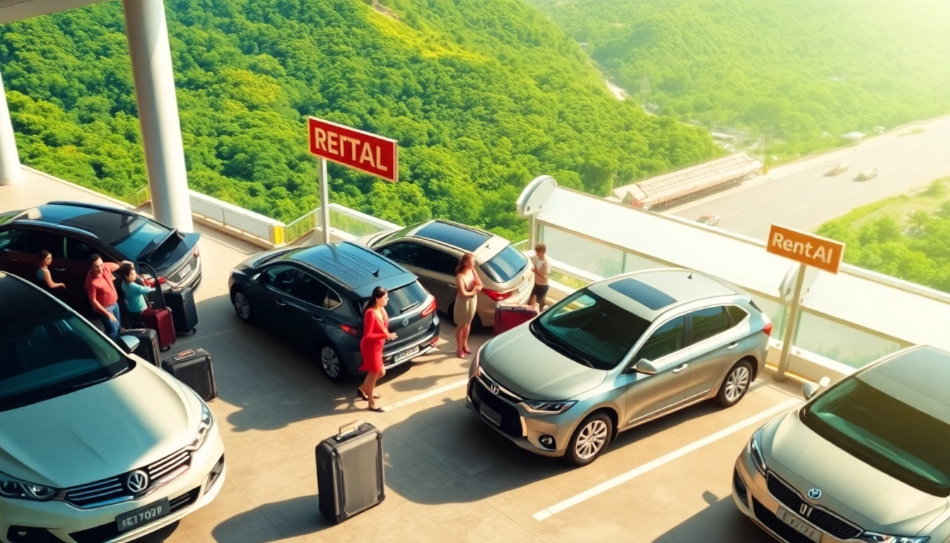 Experience hassle-free kuching rent car services at Kuching International Airport, showcasing diverse vehicles and joyful travelers.