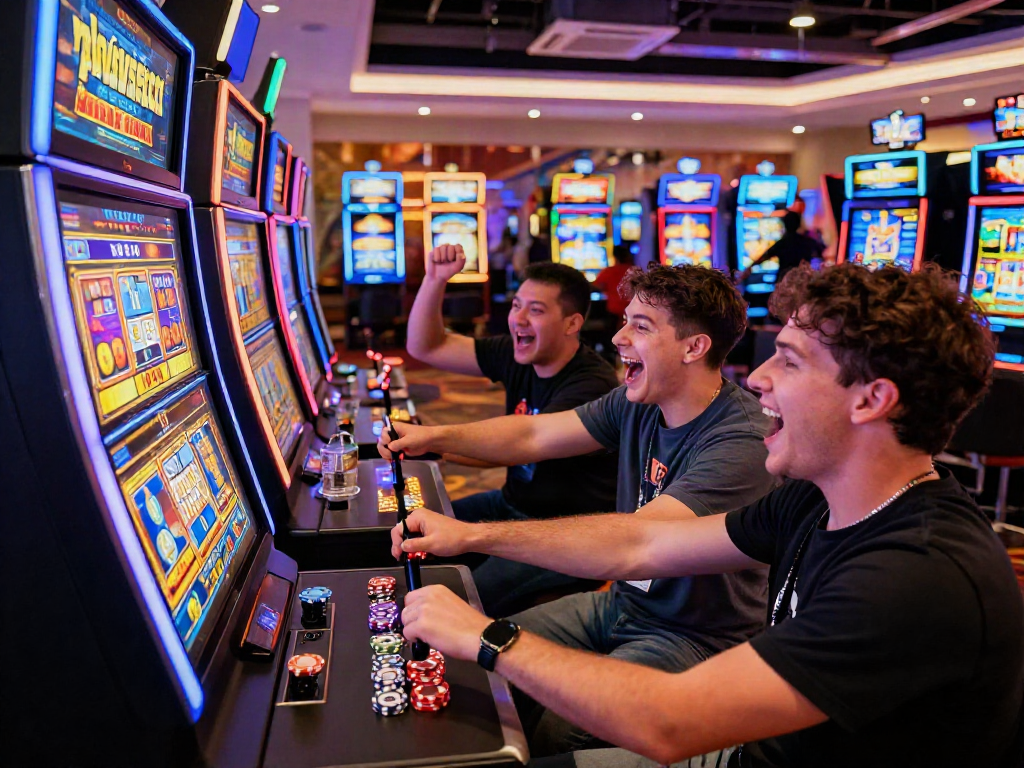Exciting gaming scene featuring winning players using bonus new member incentives at a vibrant casino slot machine.