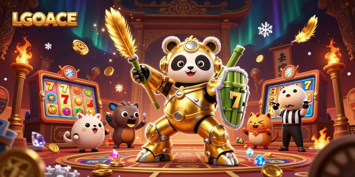 LGOACE showcases thrilling slot action with a golden panda and exciting casino elements in a lively arena.