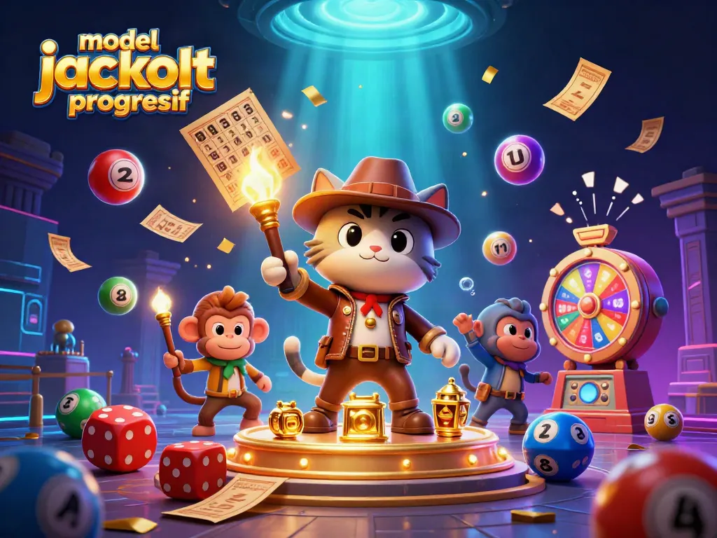 Menghadapi tantangan model jackpot progresif dengan kartu bingo dan bola lotere yang berwarna-warni di latar belakang penuh energi.