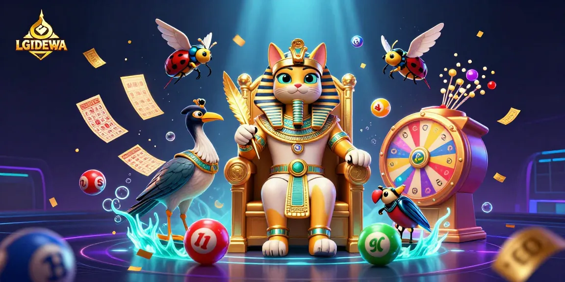 Experience the thrill of LGODEWA with a dynamic, vibrant illustration featuring an Egyptian pharaoh cat and colorful lottery elements.