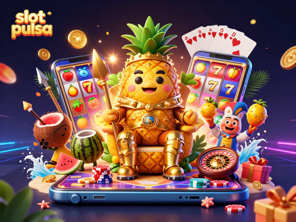 Visualisasi slot pulsa yang memukau dengan karakter raja nanas emas di kasino pantai.