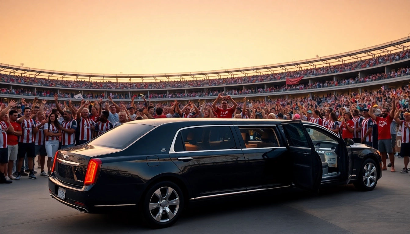 Experience World Cup Group Transportation with a luxury limo outside a vibrant LA stadium.