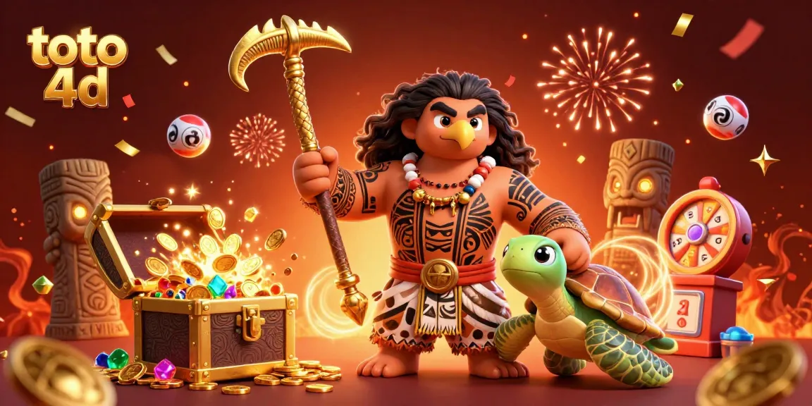Win with toto 4d: vibrant illustration of a demigod and turtle amidst lottery elements and festive decorations.
