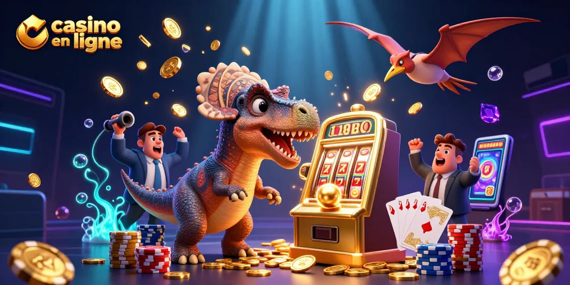 Casino en ligne : Un pachycephalosaurus et un ankylosaurus s'affrontent au casino, tandis qu'un ptéranodon attrape des pièces.