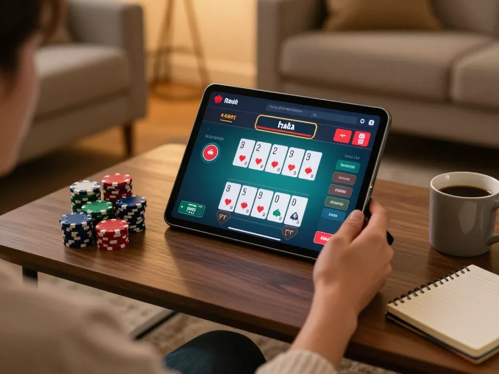 Engaged player exploring online casinos in Canada reddit on tablet from cozy home setup