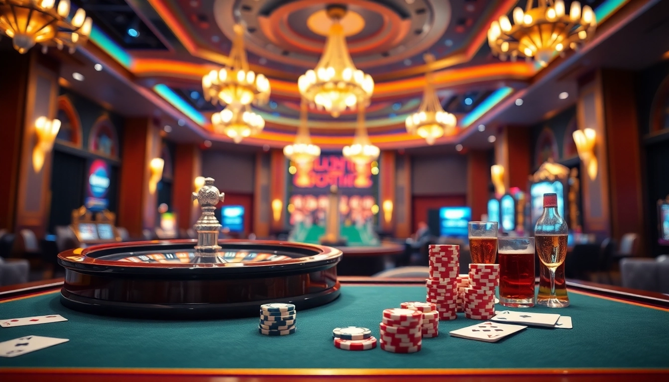 Aksi permainan kasino yyrr dengan meja roulette yang berkilauan di latar belakang mewah.