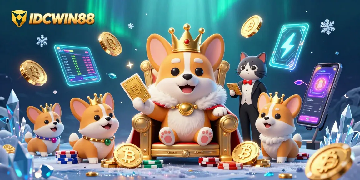 Join the fun at IDCWIN88 with the royal corgi and friends in a vibrant gambling spectacle.