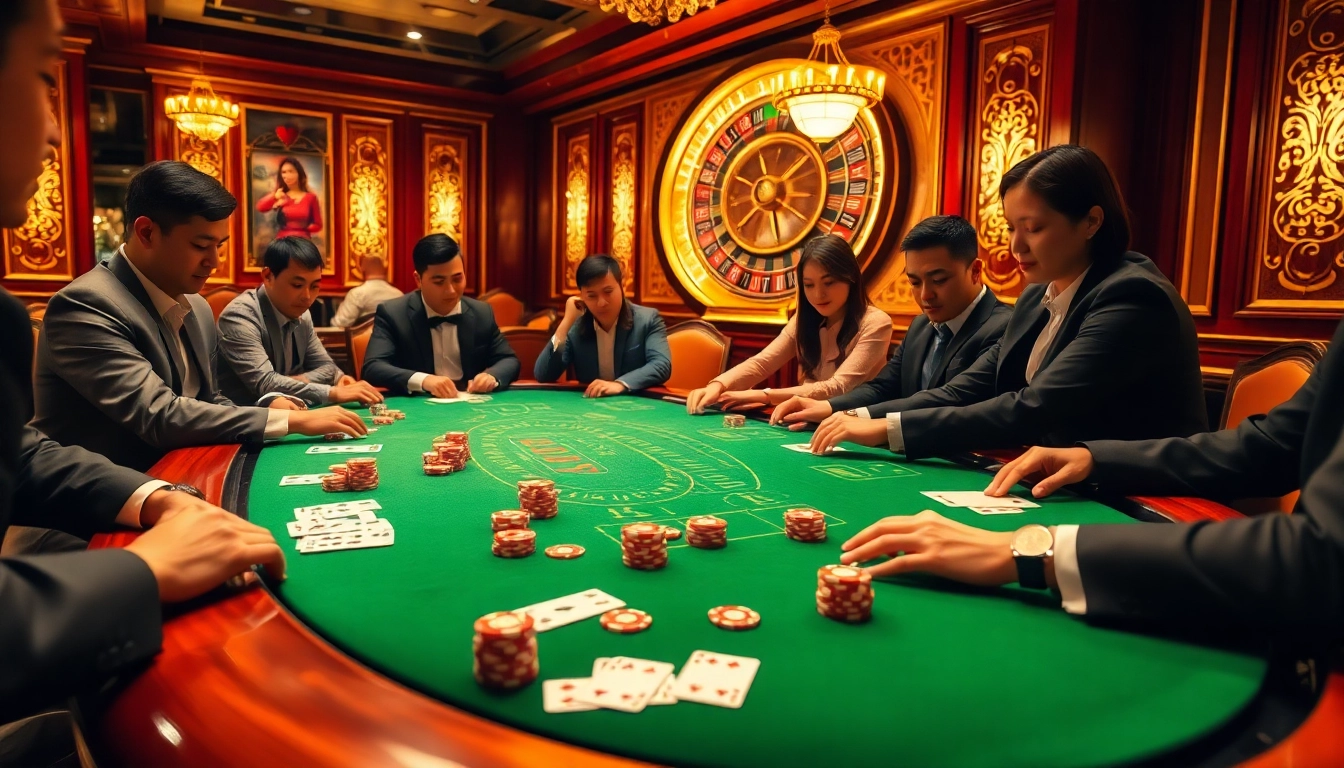 Action-packed casino scene at Nhà cái Haywin featuring players engaged in poker with colorful chips and cards.