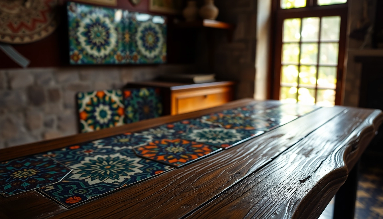 Superbes carreaux de zellige aux motifs complexes sur une surface en bois, mettant en valeur des designs marocains vibrants.