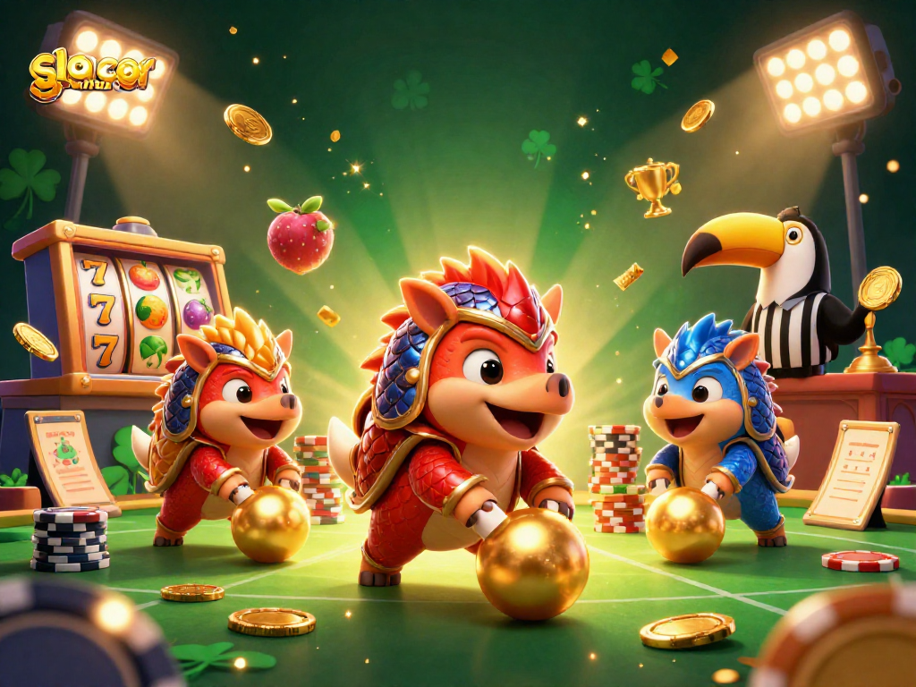 Experience thrilling slot gacor thailand action as rival pangolins battle in a vibrant casino scene.