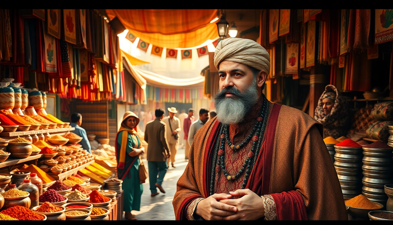 Job Charnock representing the founder kolkata in a bustling historical marketplace.