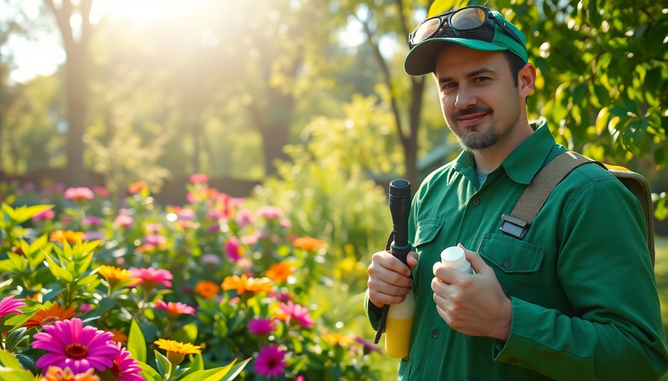 Engage in eco friendly insect removal with a skilled technician in a vibrant garden setting.