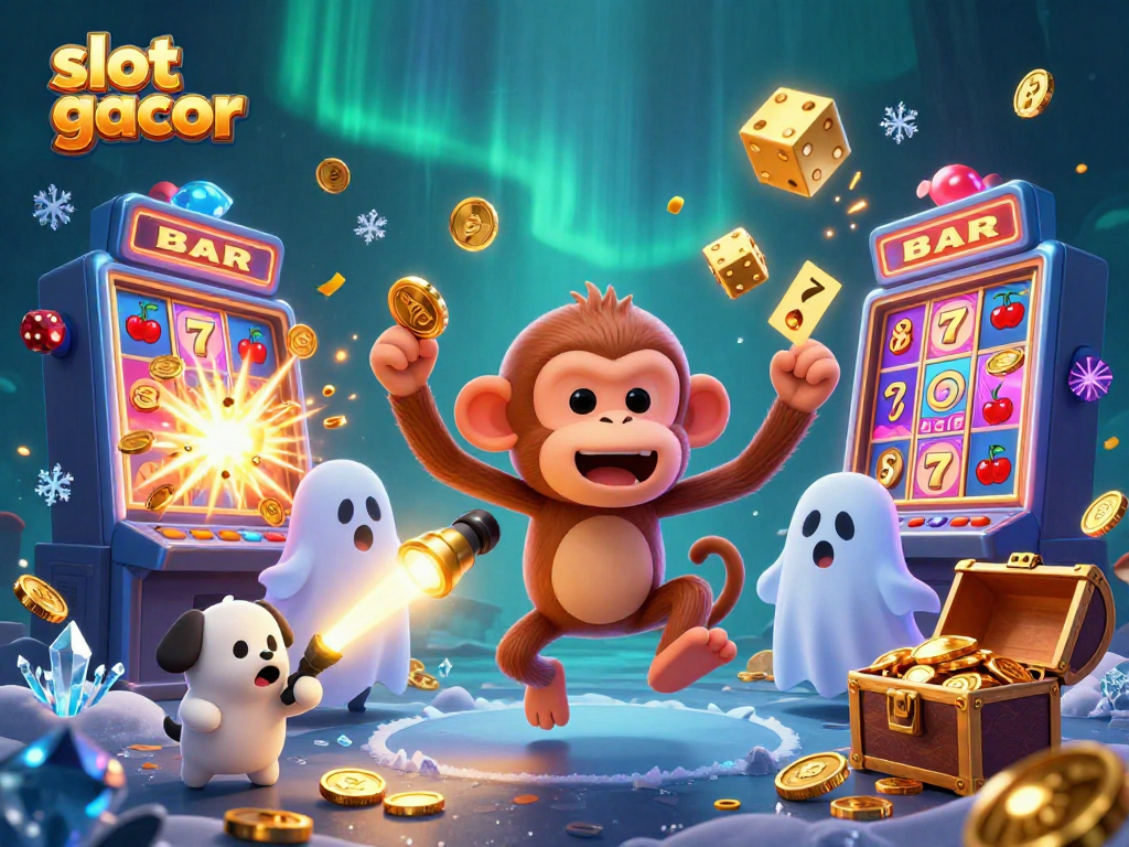 Gambaran slot gacor di kasino dengan karakter ceria dan keberuntungan, menampilkan permainan yang menarik.