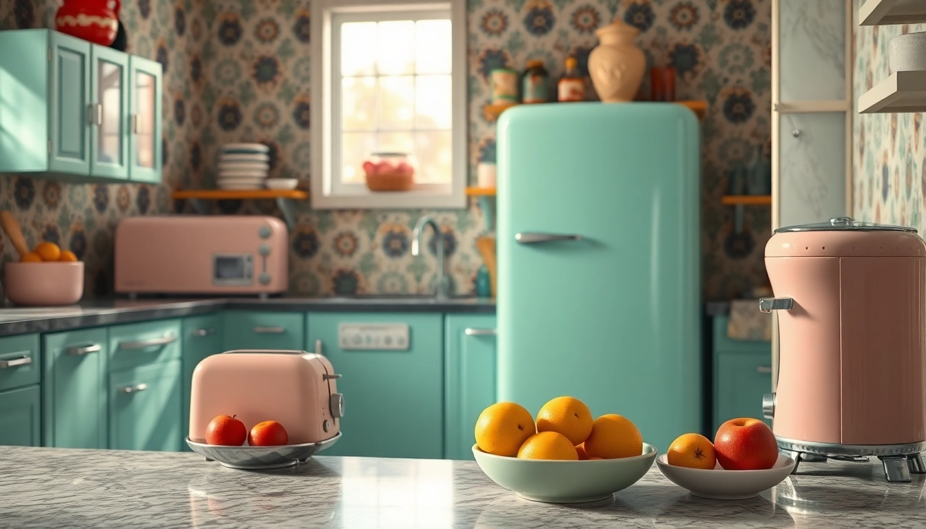 Showcasing retro appliances in a vibrant kitchen environment with vintage design elements.